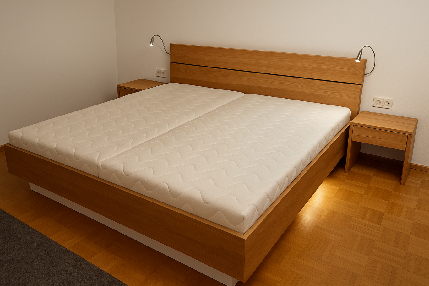 Massivholzbett – Schreinerei Hofmann Bamberg Massivholzbett aus Eiche mit passendem Kleiderschrank und Sideboard im Eiche-Dekor – Schreinerei Hofmann Bamberg