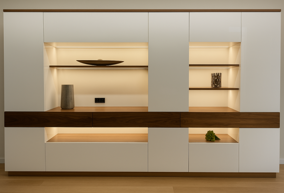 Wohnzimmerschrank aus massivem Nussbaum mit hochglanzweißen Fronten und LED-Beleuchtung – Schreinerei Hofmann Bamberg