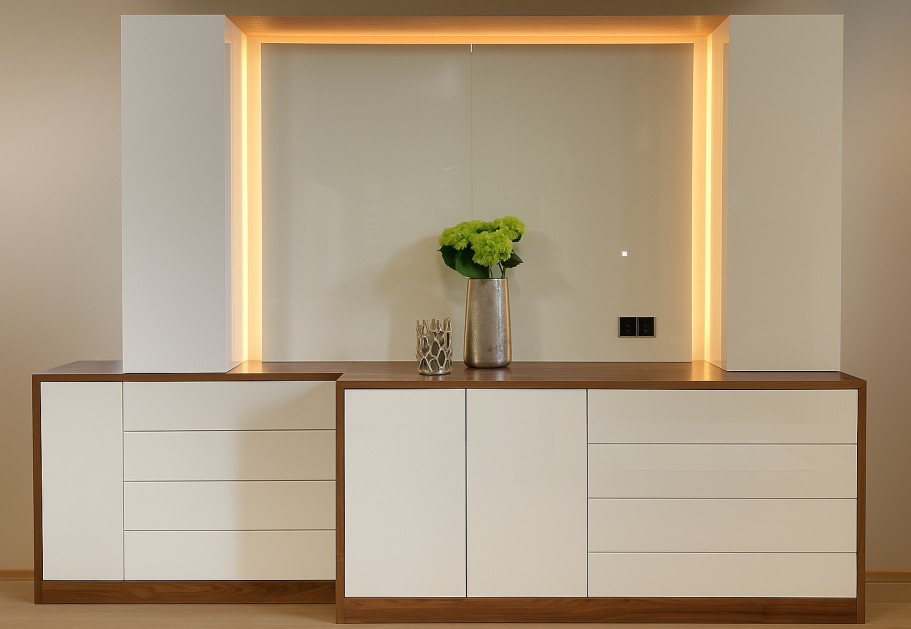 Wohnzimmerschrank aus massivem Nussbaum mit hochglanzweißen Fronten und LED-Beleuchtung – Schreinerei Hofmann Bamberg