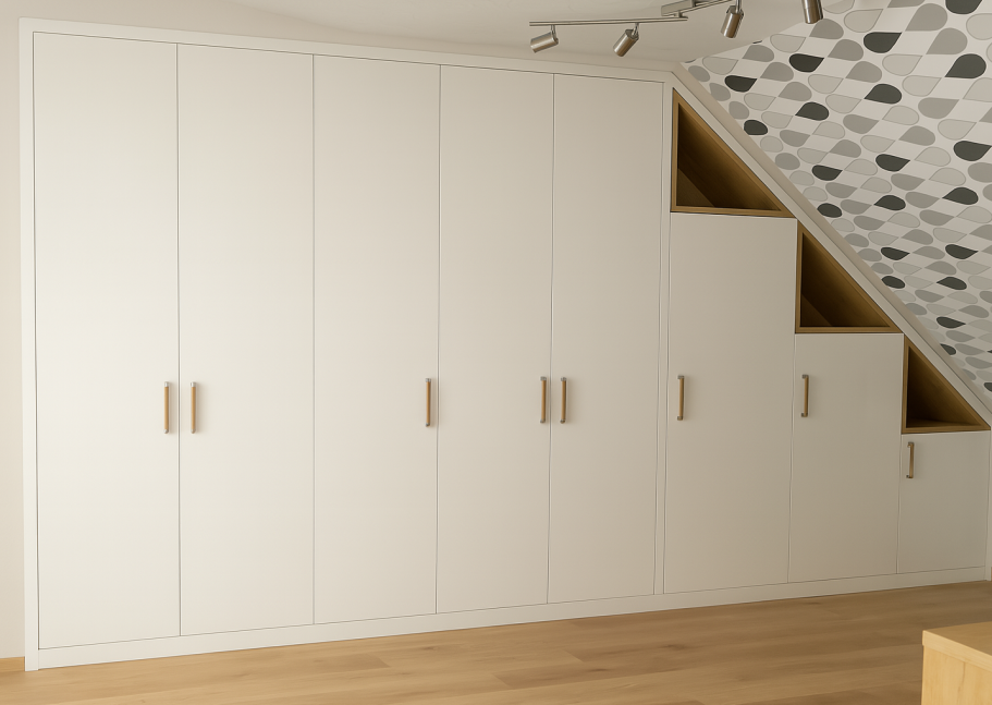 Maßgefertigter Einbauschrank in Weiß, passgenau unter die Dachschräge gebaut – Schreinerei Hofmann Bamberg